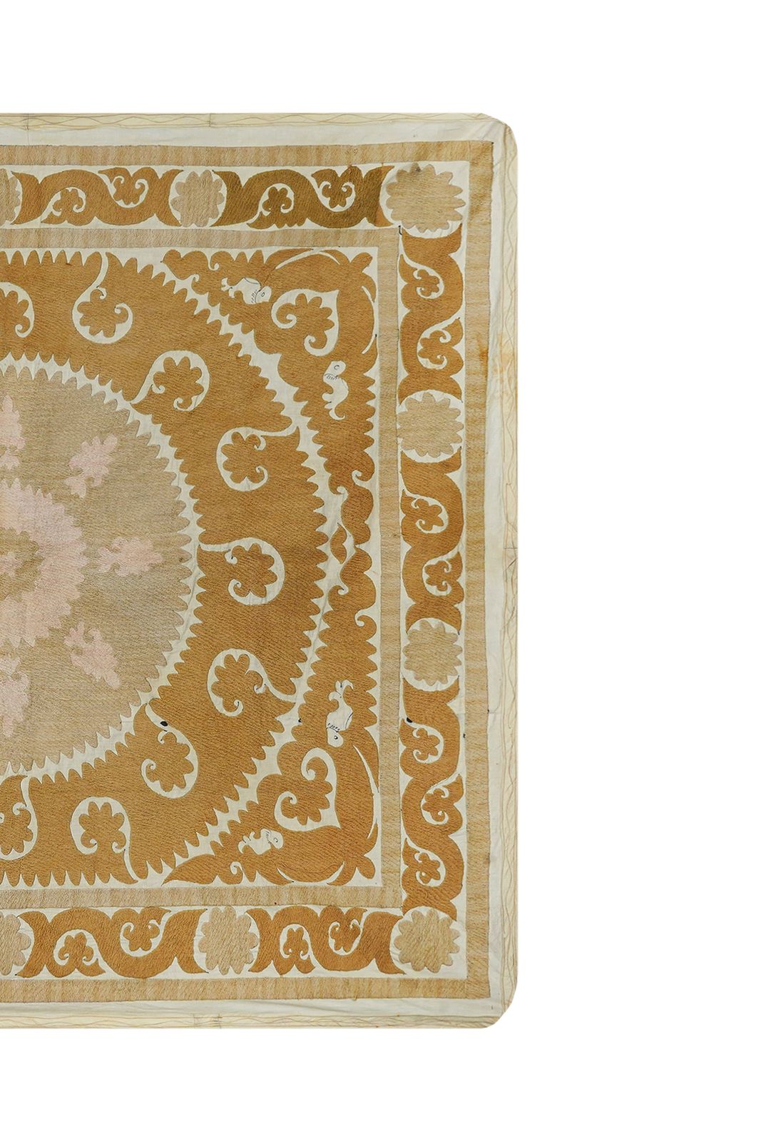 Vintage Uzbek Suzani | Hand Embroidered Pink & Tan Floral Medallion Square 4'1'' X 4'4'' photo for sale