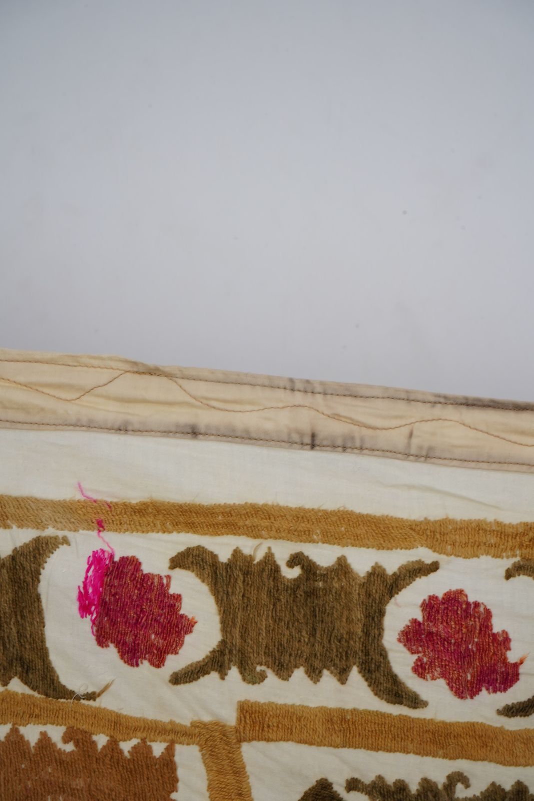 photo for sale Uzbek Suzani Textile, Red Brown Green Handmade Embroidered Fabric 4'1'' X 4'4''