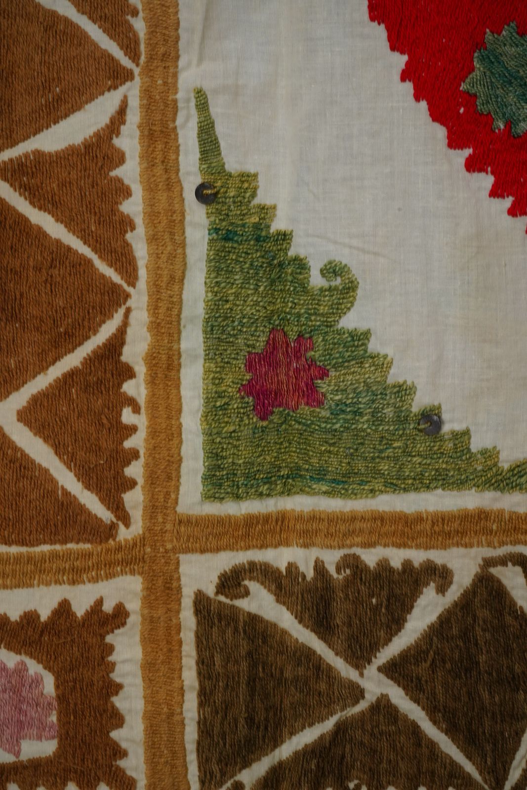 250.0 Uzbek Suzani Textile, Red Brown Green Handmade Embroidered Fabric 4'1'' X 4'4'' photo