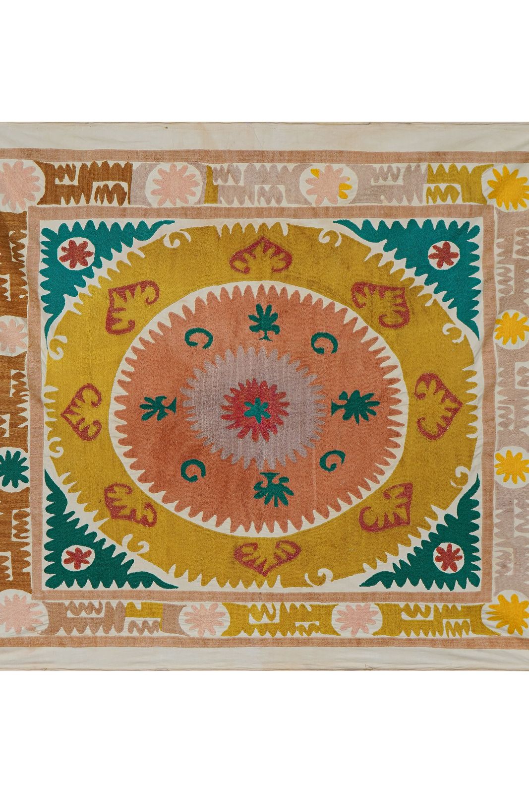 Artisan Suzani Table Cover, Vintage Uzbek Textile In Warm Tones 4'1'' X 4'5'' photo furniture