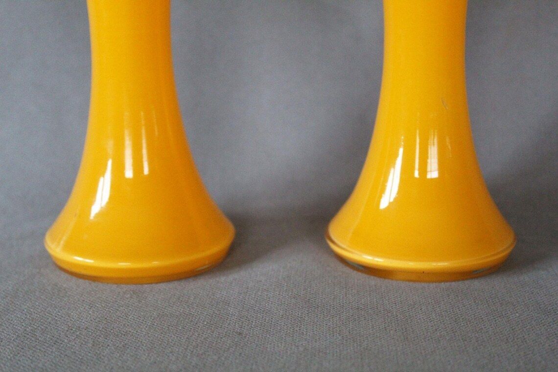 Set Of Two Tangerine Tango Glass Vase Trumpet Vase Ruffle Collar Tulip Vase Bright Orange Style Scandinavian Or Bohemian Art Glass photo for sale
