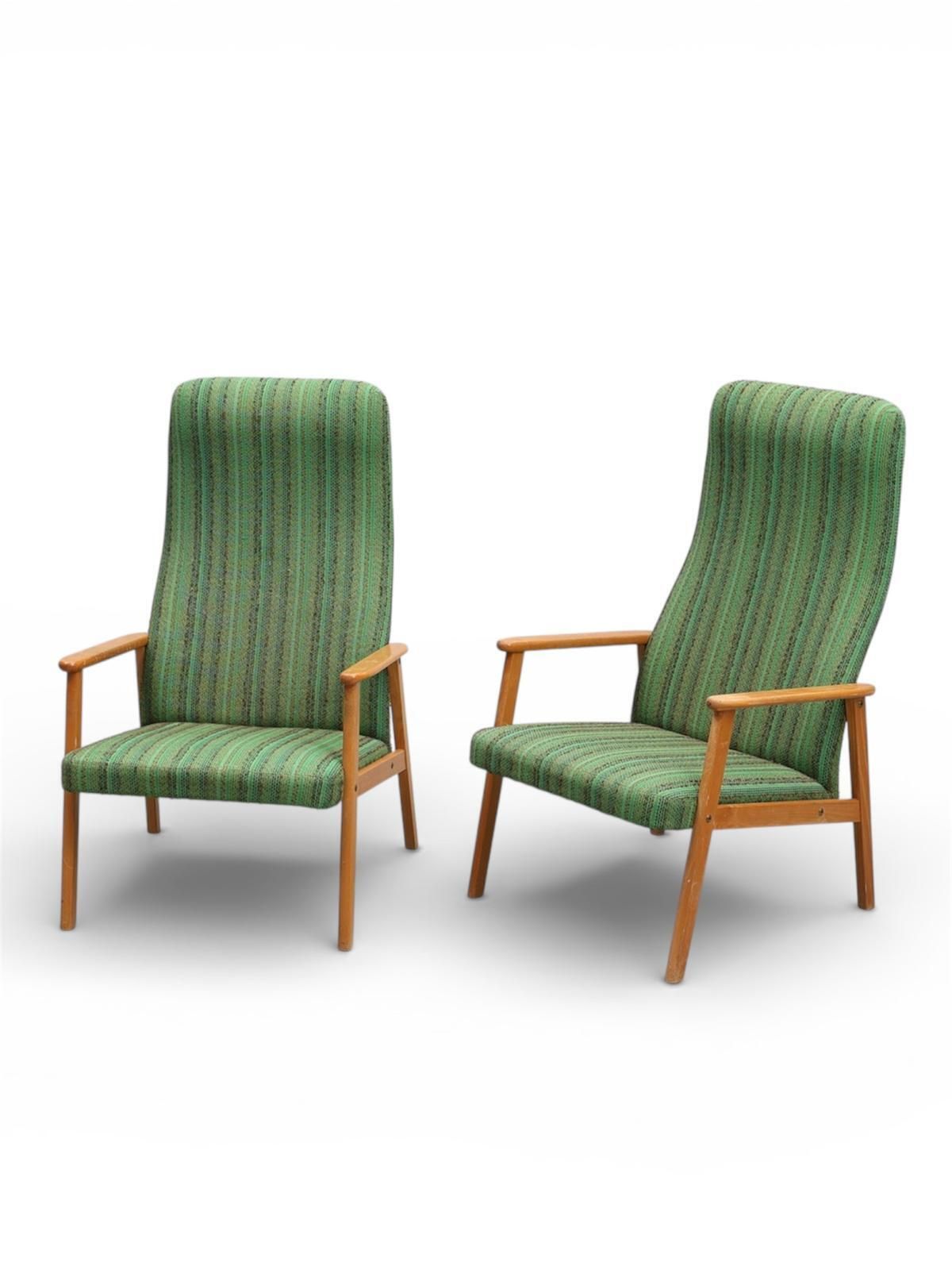 Pair Of 1950s Scandinavian Beech High‑Back Armchairs In Green Upholstery photo buy