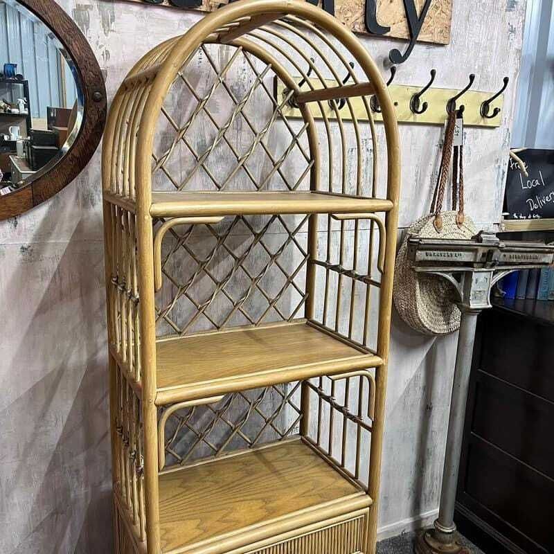 Vintage Bamboo Arched Shelving Unit Drawer Double Cupboard Lattice Back photo furniture