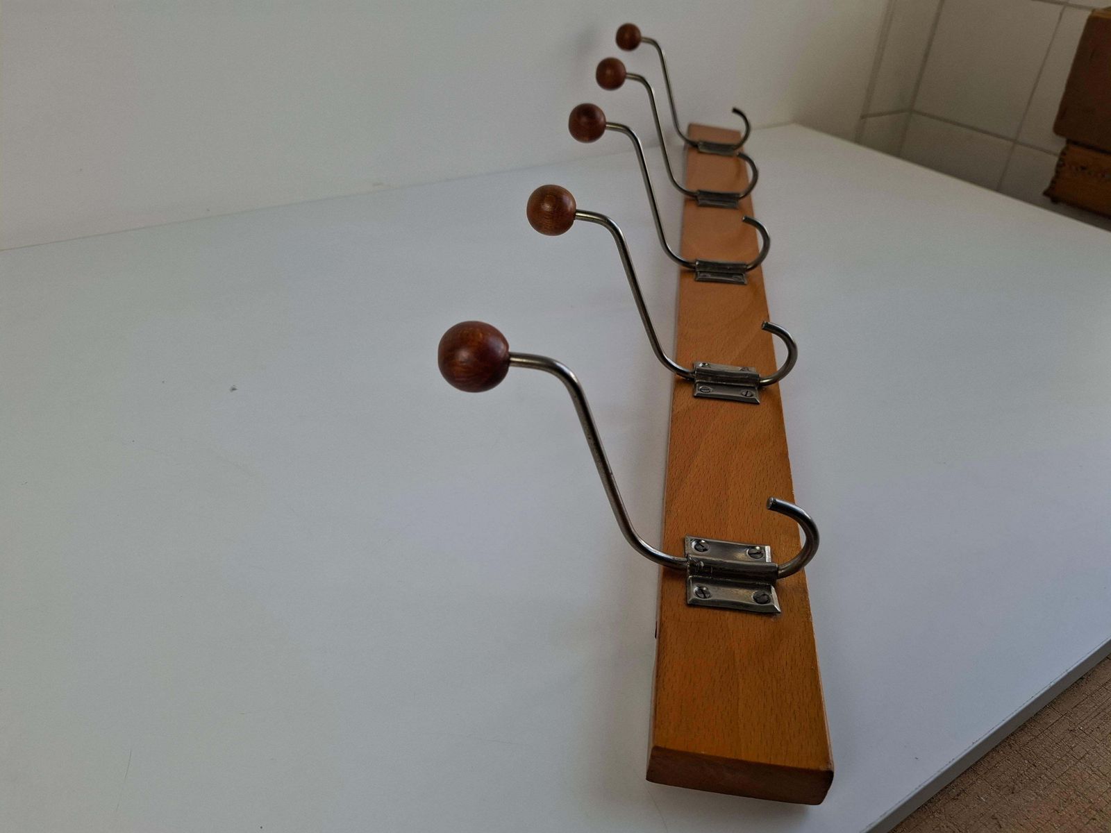 Czechoslovak Midcentury Wooden And Metal Wall Coat Rack, 1960s photo for sale