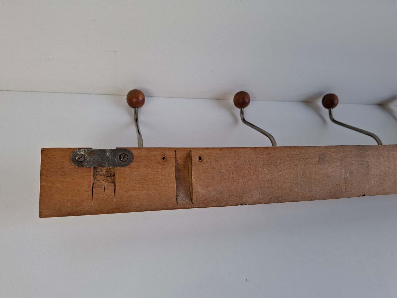 Czechoslovak Midcentury Wooden And Metal Wall Coat Rack, 1960s photo 291.0