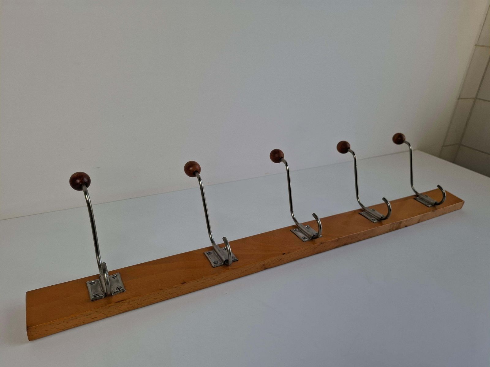 photo for sale Czechoslovak Midcentury Wooden And Metal Wall Coat Rack, 1960s