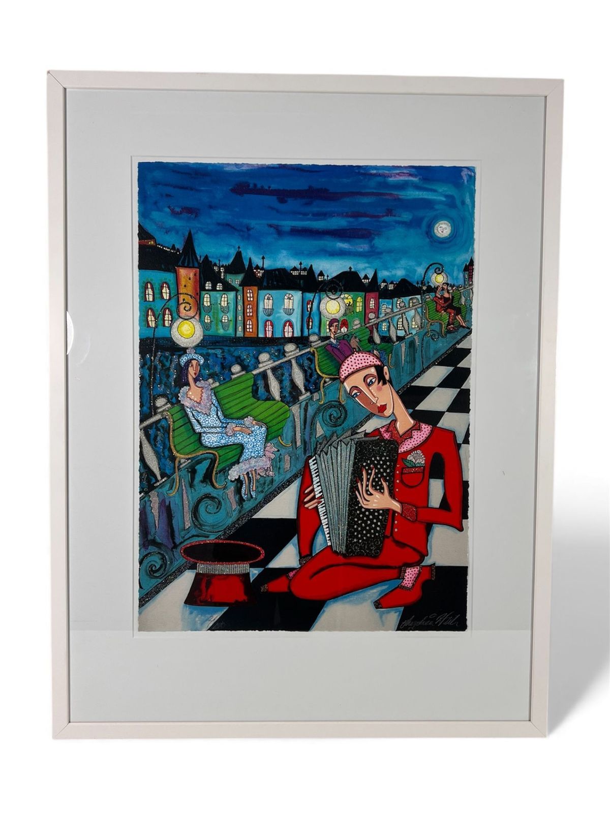 Angelica Wiik Signed Glitter Lithograph “City View In Moonlight With Accordion Player” 2/290 photo furniture