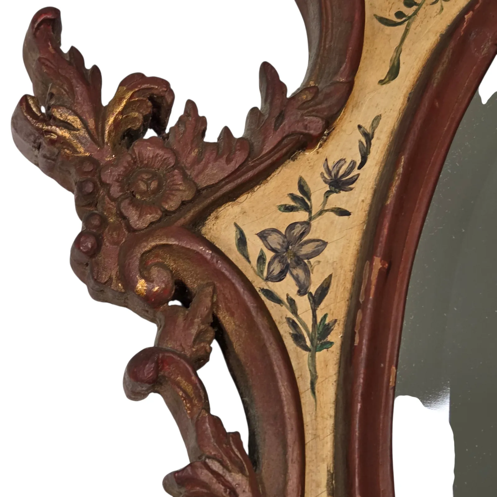 Miroir en bois sculpté peint à la main, verre biseauté, vers 1940 photo vinterior