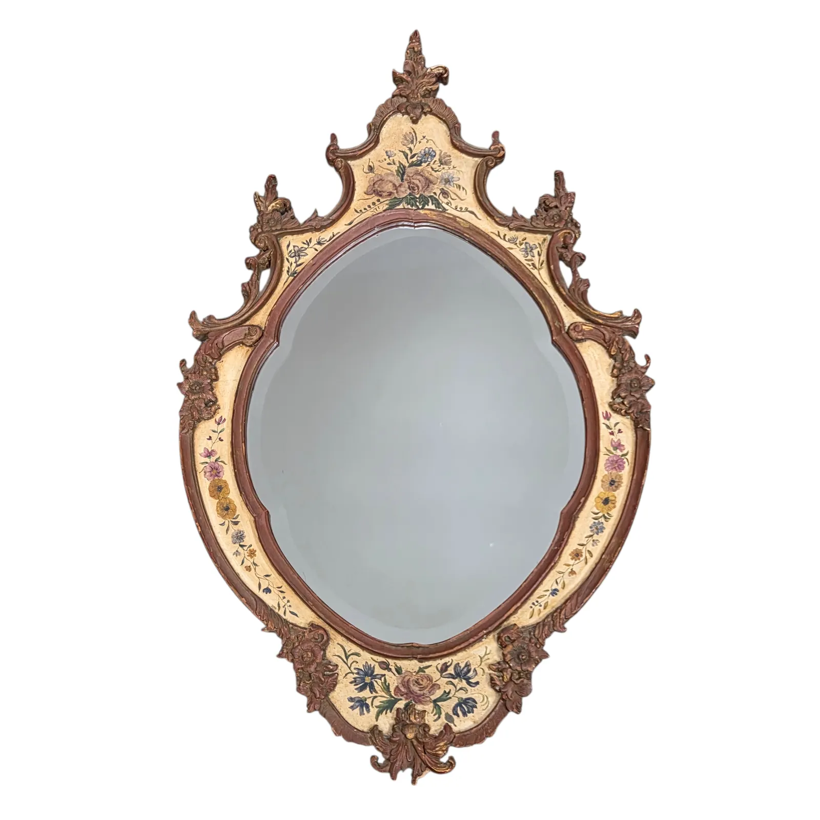 Miroir en bois sculpté peint à la main, verre biseauté, vers 1940