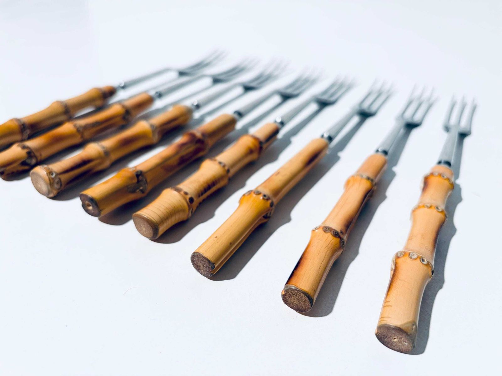 Vintage Bamboo Fondue Fork Set Inox / 1960s Mcm Mid Century Christmas New Years Design photo vinterior