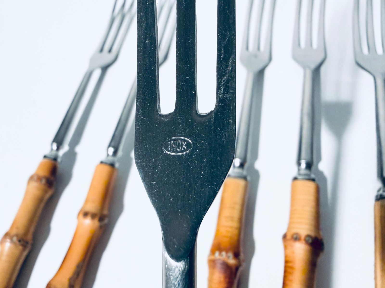 Vintage Bamboo Fondue Fork Set Inox / 1960s Mcm Mid Century Christmas New Years Design photo vintage