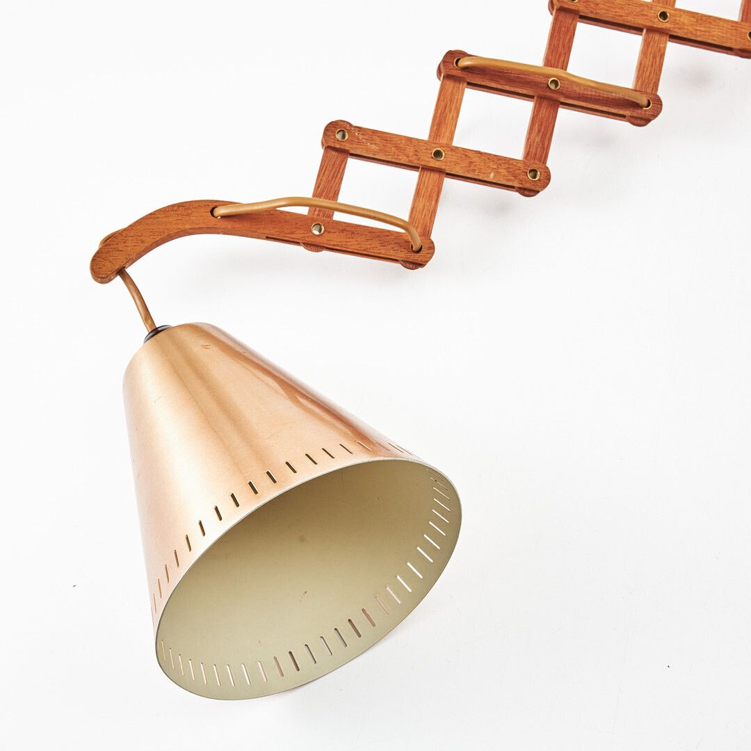 Mid‑Century Copper & Teak Adjustable Wall Lamp, 1950s/60s photo for sale
