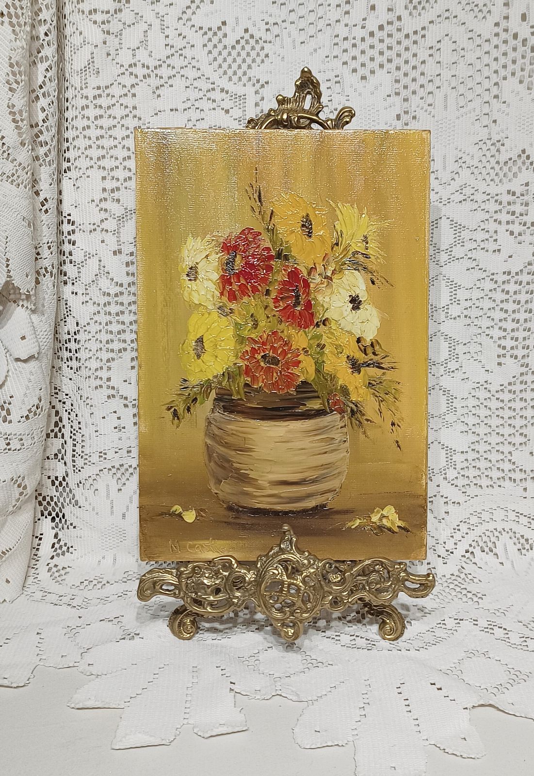 Vintage Floral Oil Painting Still Life Study Impasto Yellow Blooms Signed M.Castle Unframed. photo for sale