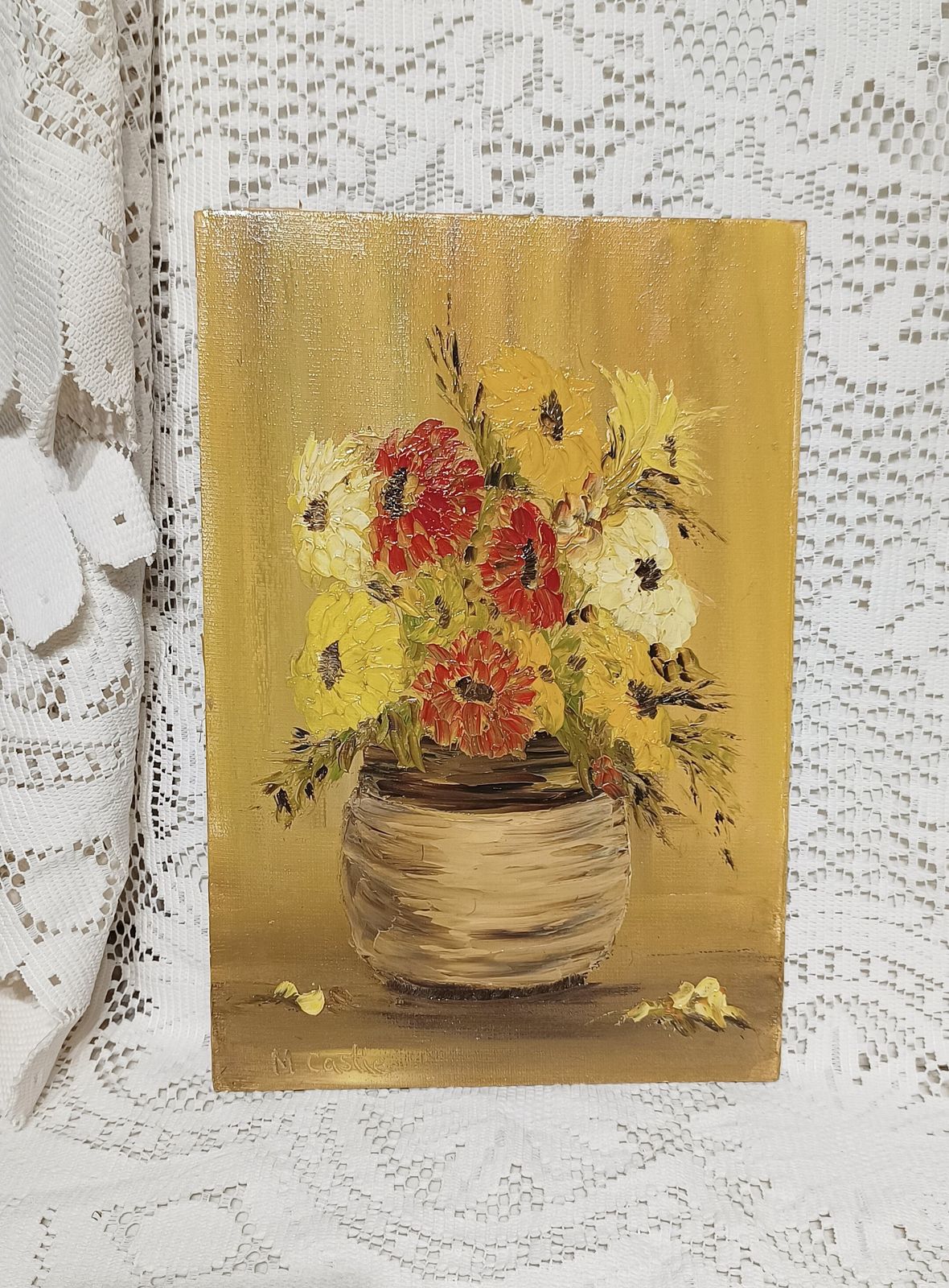 photo furniture Vintage Floral Oil Painting Still Life Study Impasto Yellow Blooms Signed M.Castle Unframed.