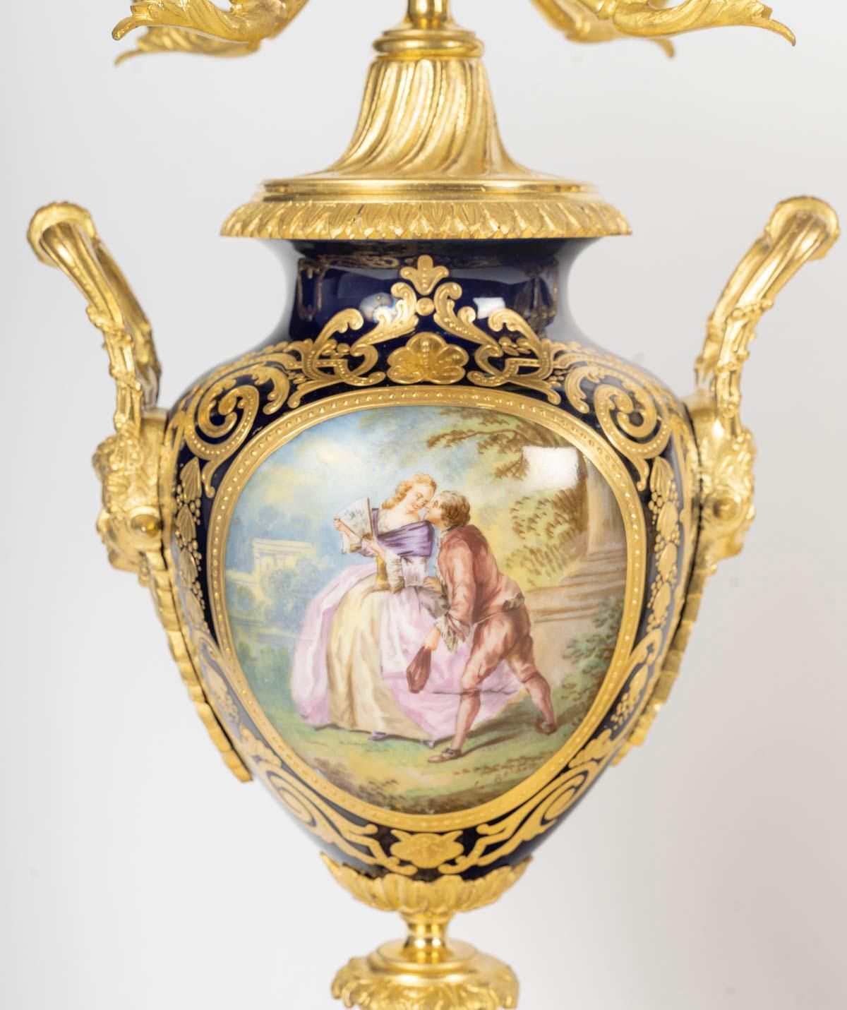 Gilt Bronze And Sèvres Porcelain Mantel Clock Set, 19th Century, Napoleon III Period photo for sale