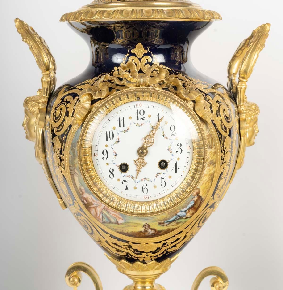 Gilt Bronze And Sèvres Porcelain Mantel Clock Set, 19th Century, Napoleon III Period photo 8605.0