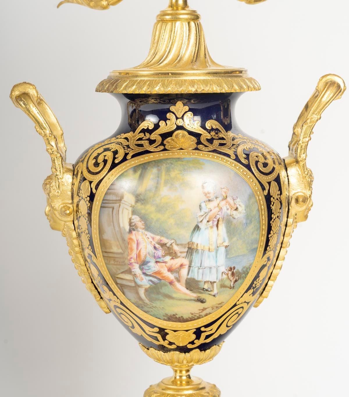 Gilt Bronze And Sèvres Porcelain Mantel Clock Set, 19th Century, Napoleon III Period photo vintage