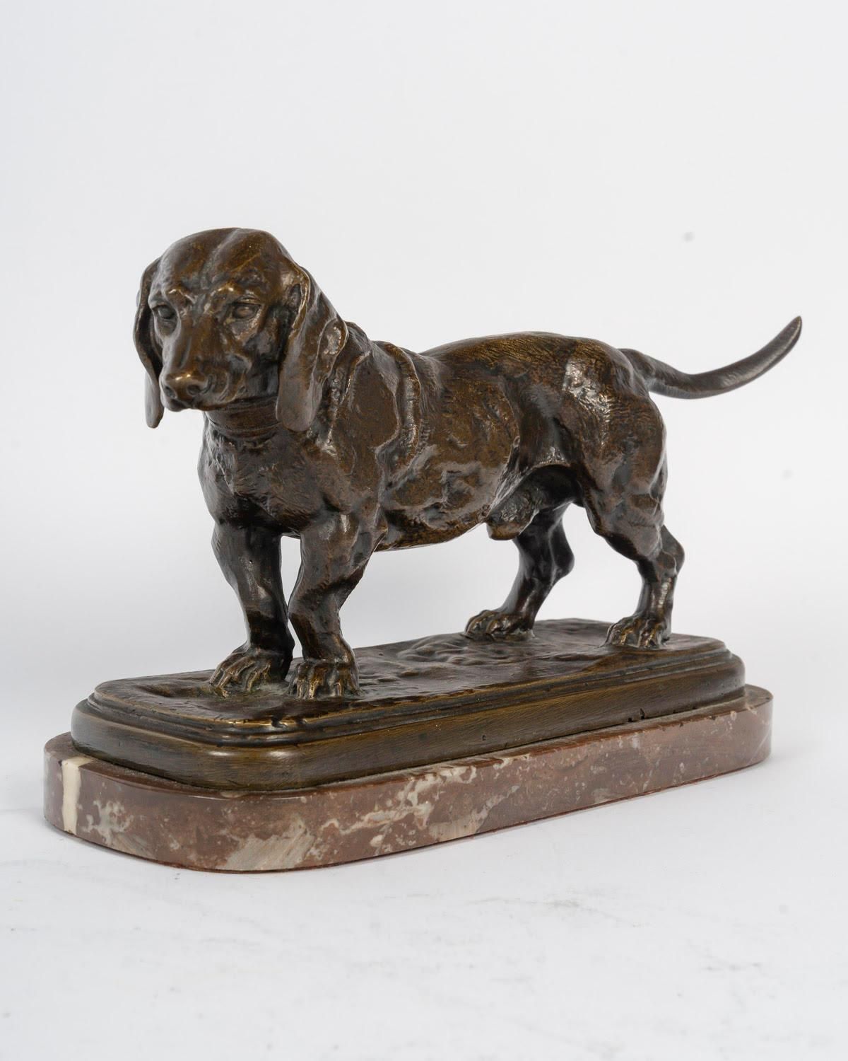 Bronze Sculpture Of A Basset Hound In Patinated Bronze, Signed Barye. photo Art
