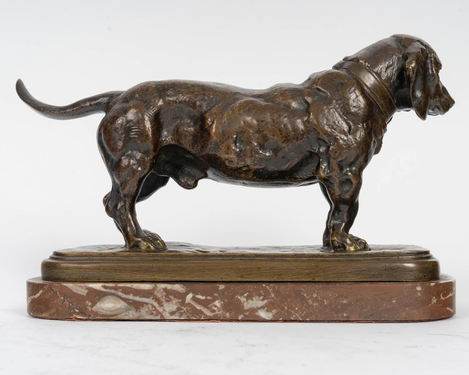 Bronze Sculpture Of A Basset Hound In Patinated Bronze, Signed Barye. photo buy