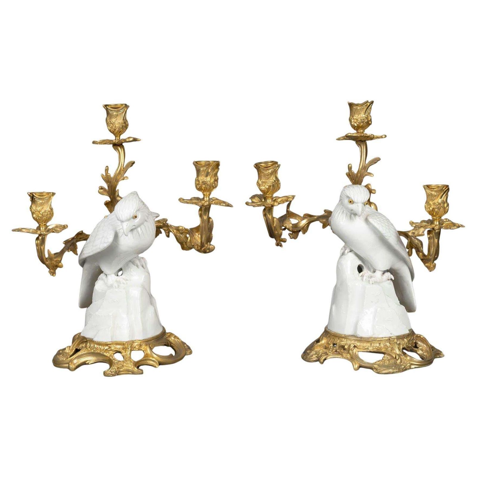 Pair Of Gilt Bronze Candelabras, Falcons In Japanese Porcelain, 19th Century.