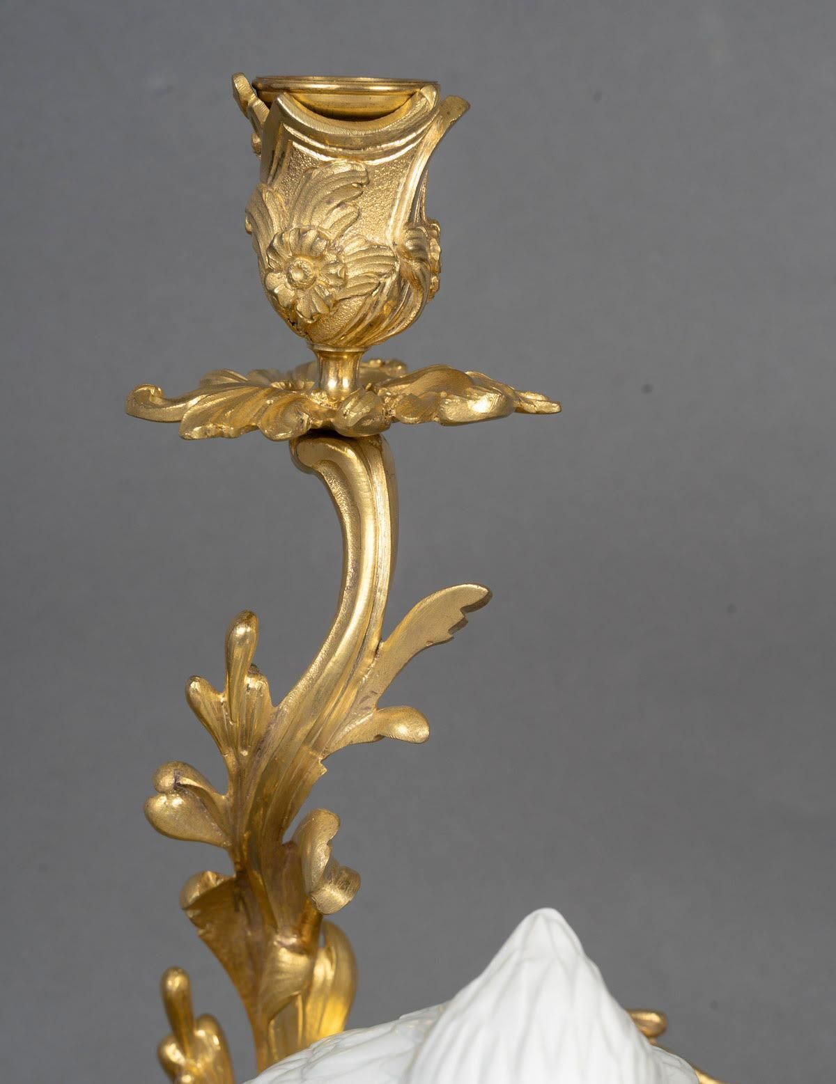 photo for sale Pair Of Gilt Bronze Candelabras, Falcons In Japanese Porcelain, 19th Century.