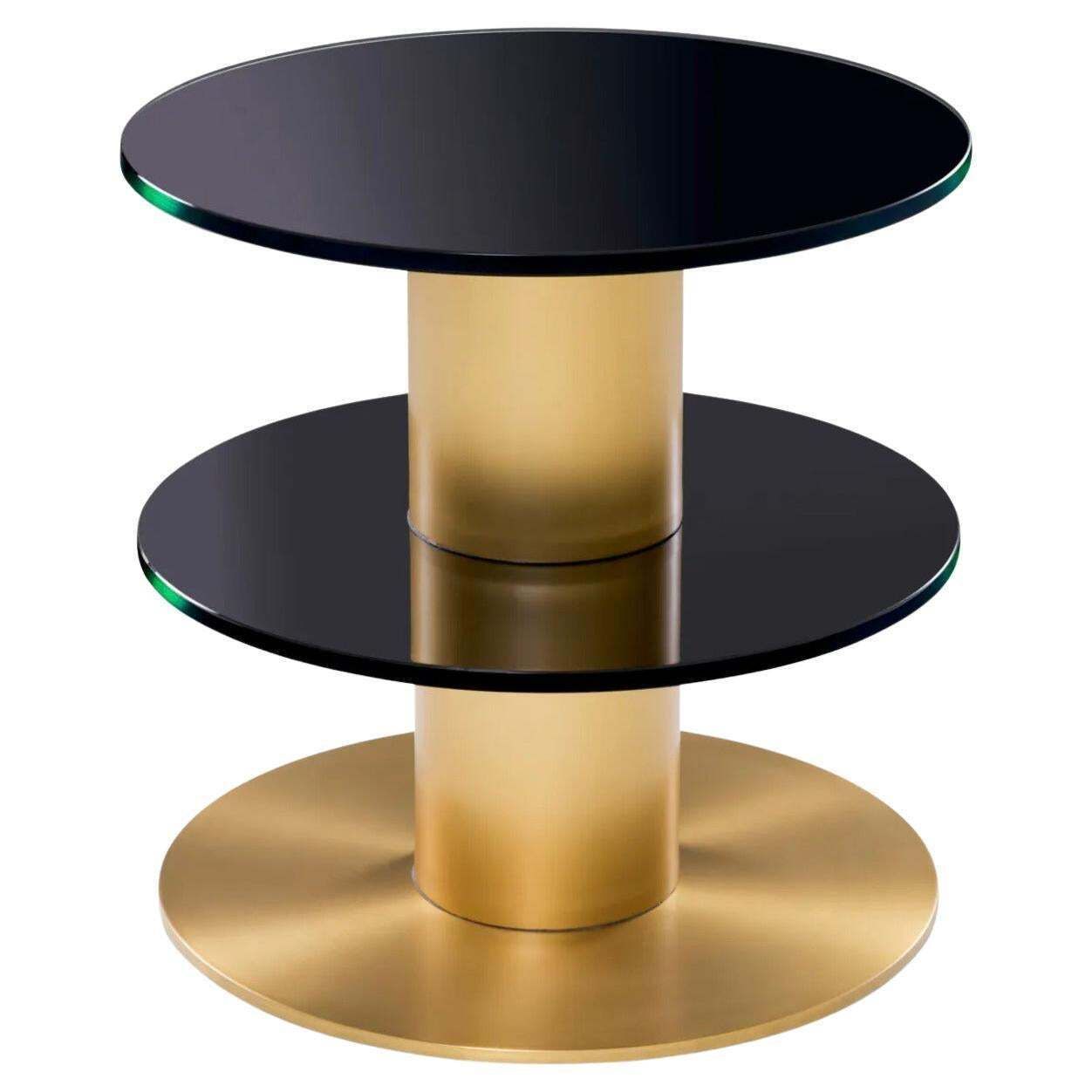 Round Side Table In Brushed Brass And Black Glass, Minimalist Style