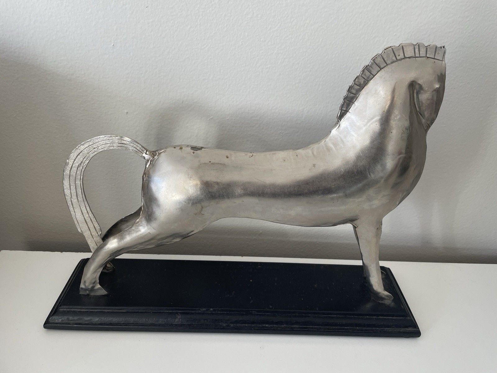 Vintage Etruscan Art Deco Style White Metal Horse On Wooden Plinth photo buy