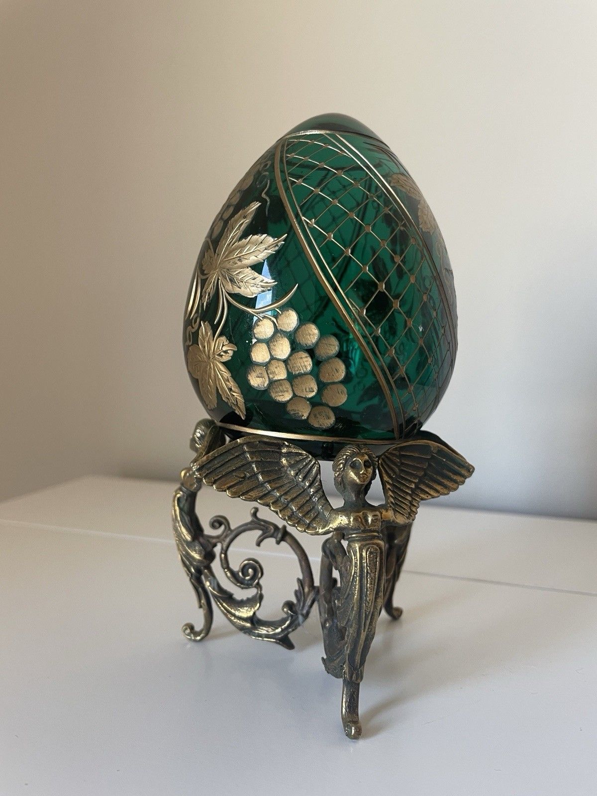 photo for sale Peterhof Emerald Green & Gold Crystal Egg Hand Made Ornate Stand After Fabergé
