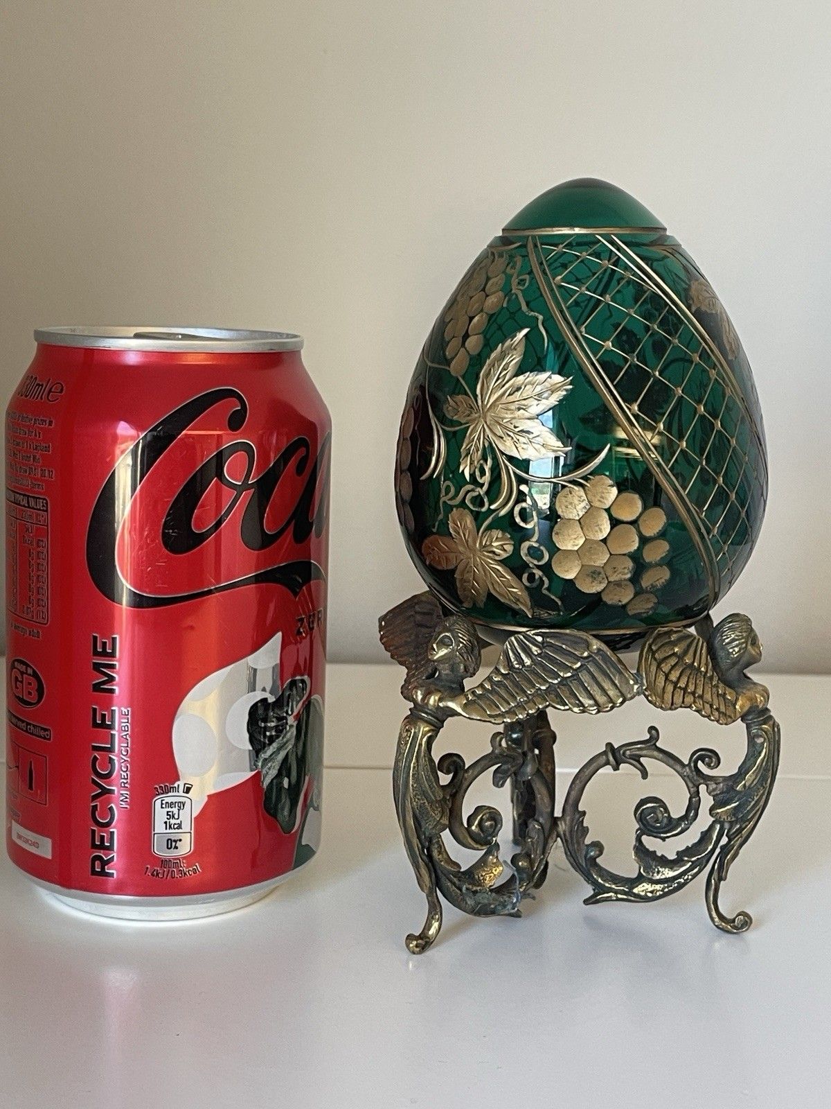 photo buy Peterhof Emerald Green & Gold Crystal Egg Hand Made Ornate Stand After Fabergé