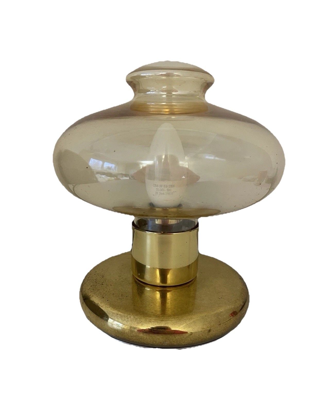 1970s Space Age Amber Glass Mushroom Table Lamp Brass Base Likely Swedish