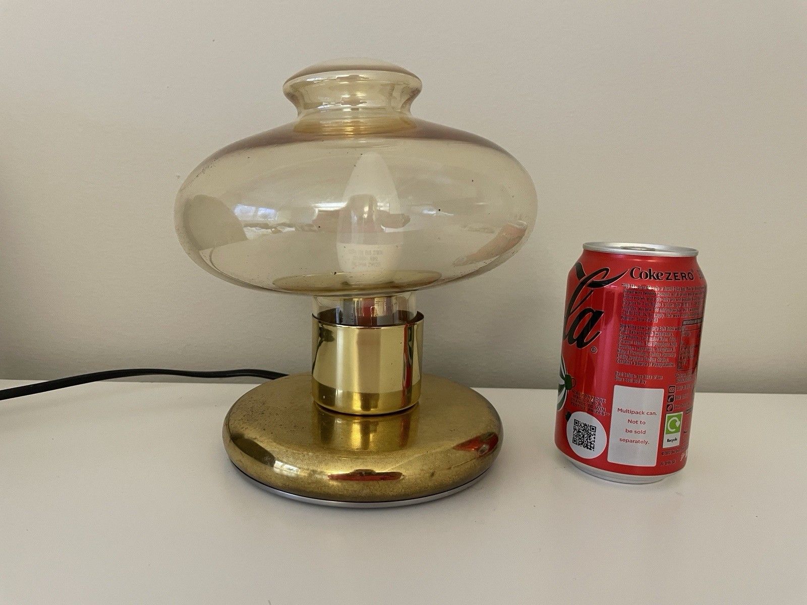 1970s Space Age Amber Glass Mushroom Table Lamp Brass Base Likely Swedish photo furniture