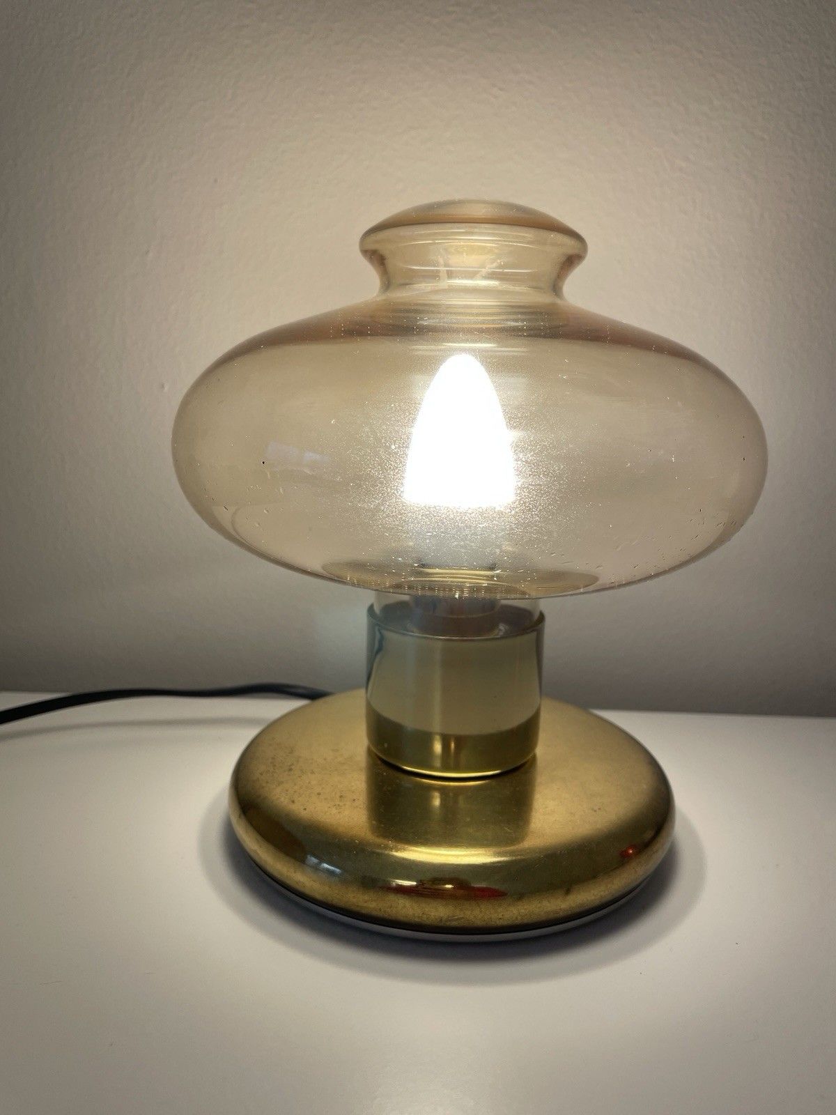 1970s Space Age Amber Glass Mushroom Table Lamp Brass Base Likely Swedish photo Lighting