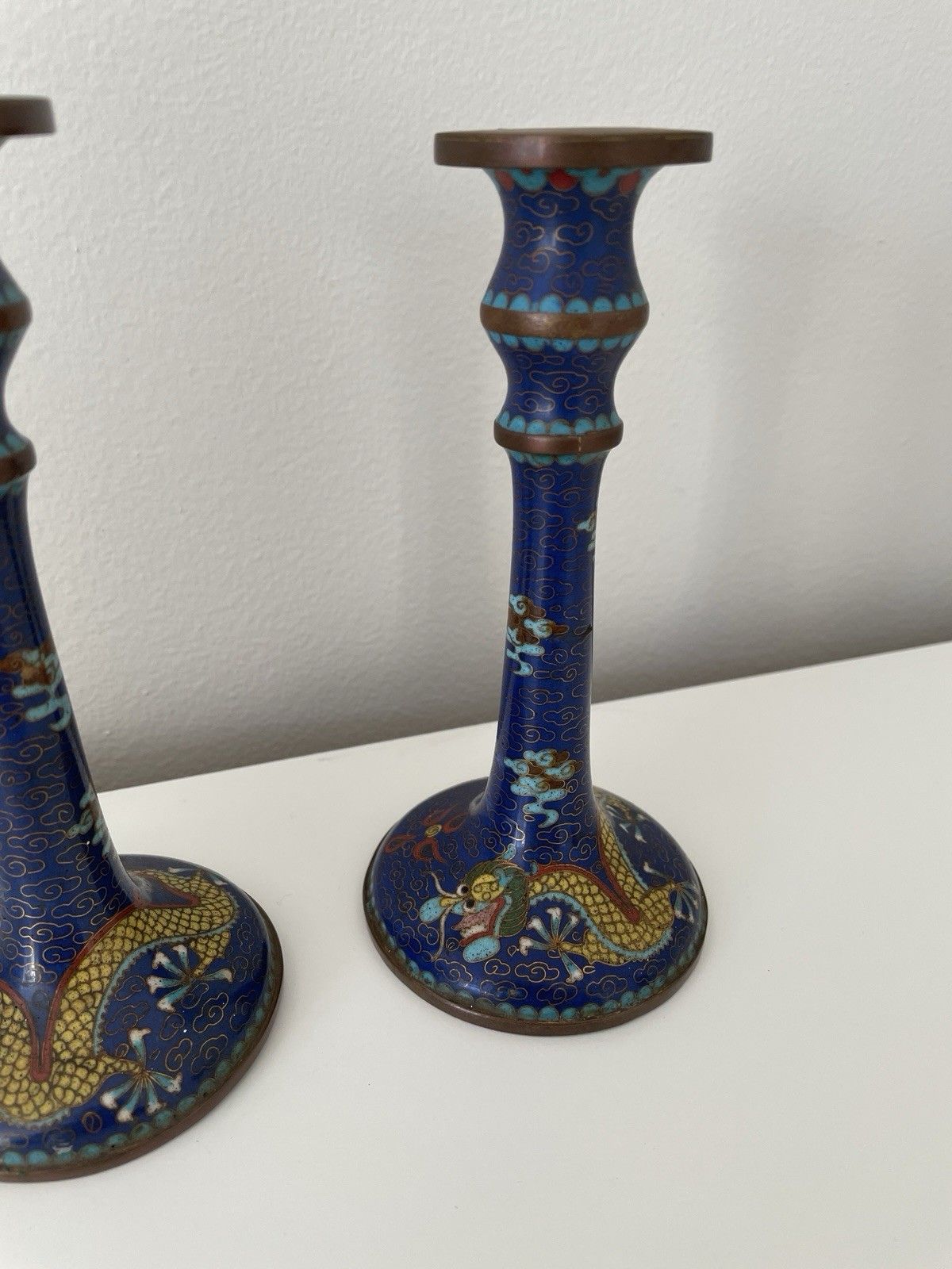 Vintage Pair Of Beautiful Chinese Cloisonne Blue Enamel Dragon Candlestick photo furniture
