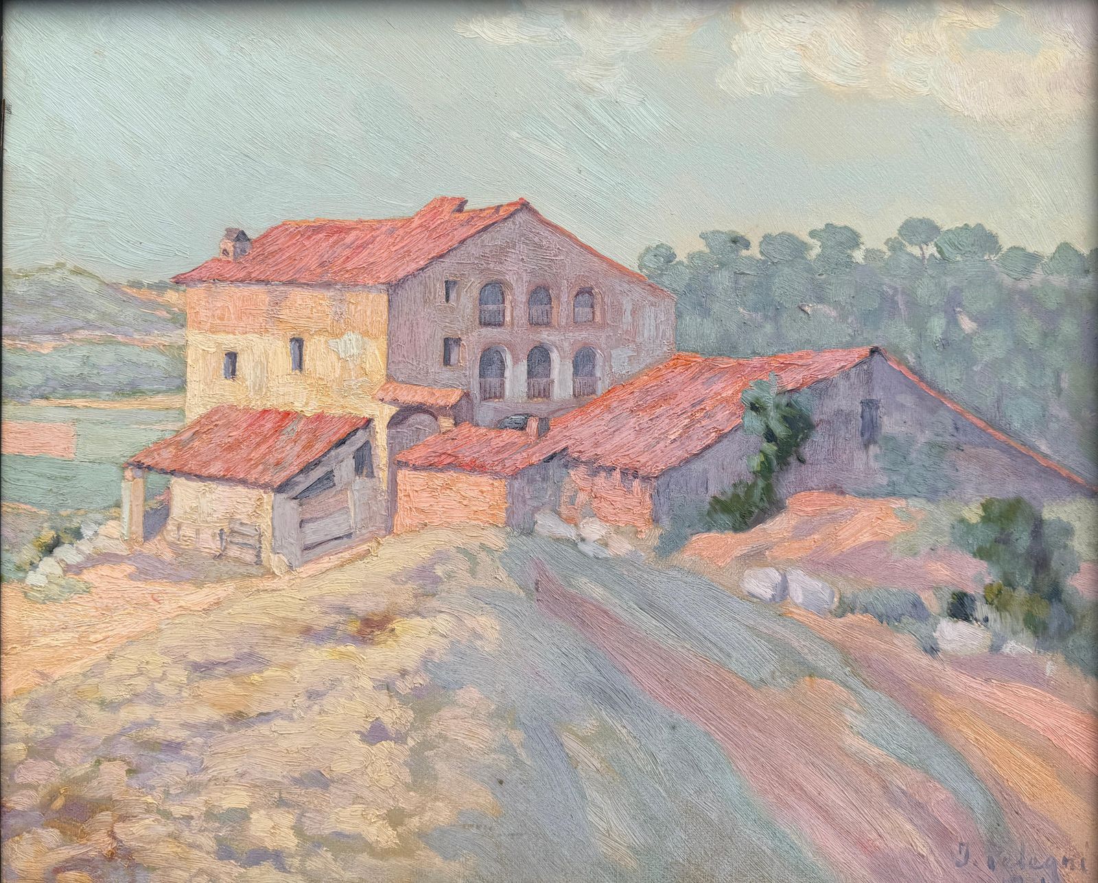 Josep Pelegrí Ferrer Spanish Landscape With Rural Architecture Oil Painting 1934