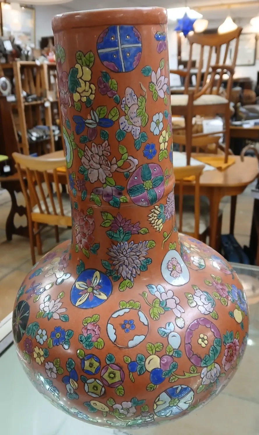 Pair Of Large Early C20th  Chinese Hand Painted Porcelain Flask Shaped Vases photo for sale
