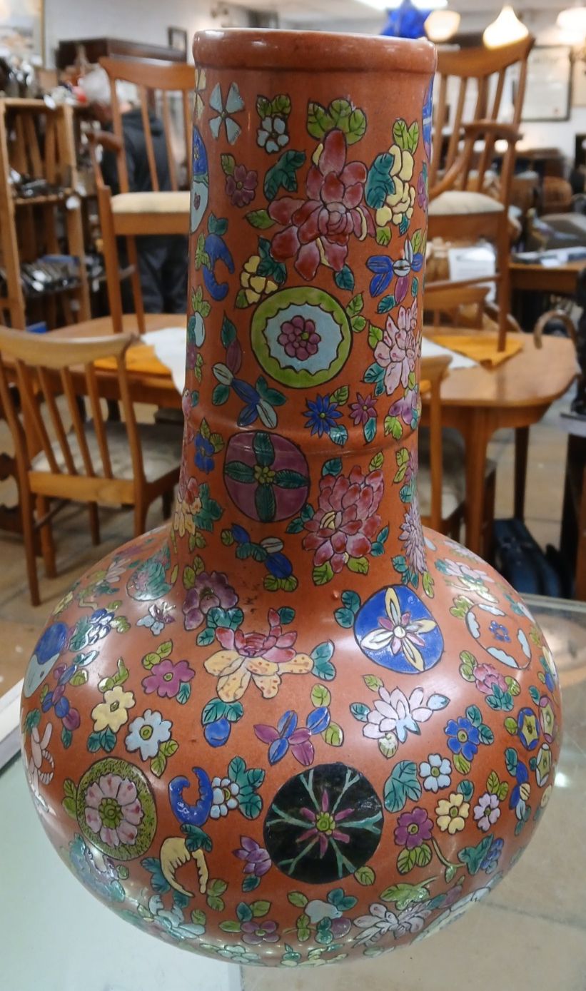 Pair Of Large Early C20th  Chinese Hand Painted Porcelain Flask Shaped Vases photo buy