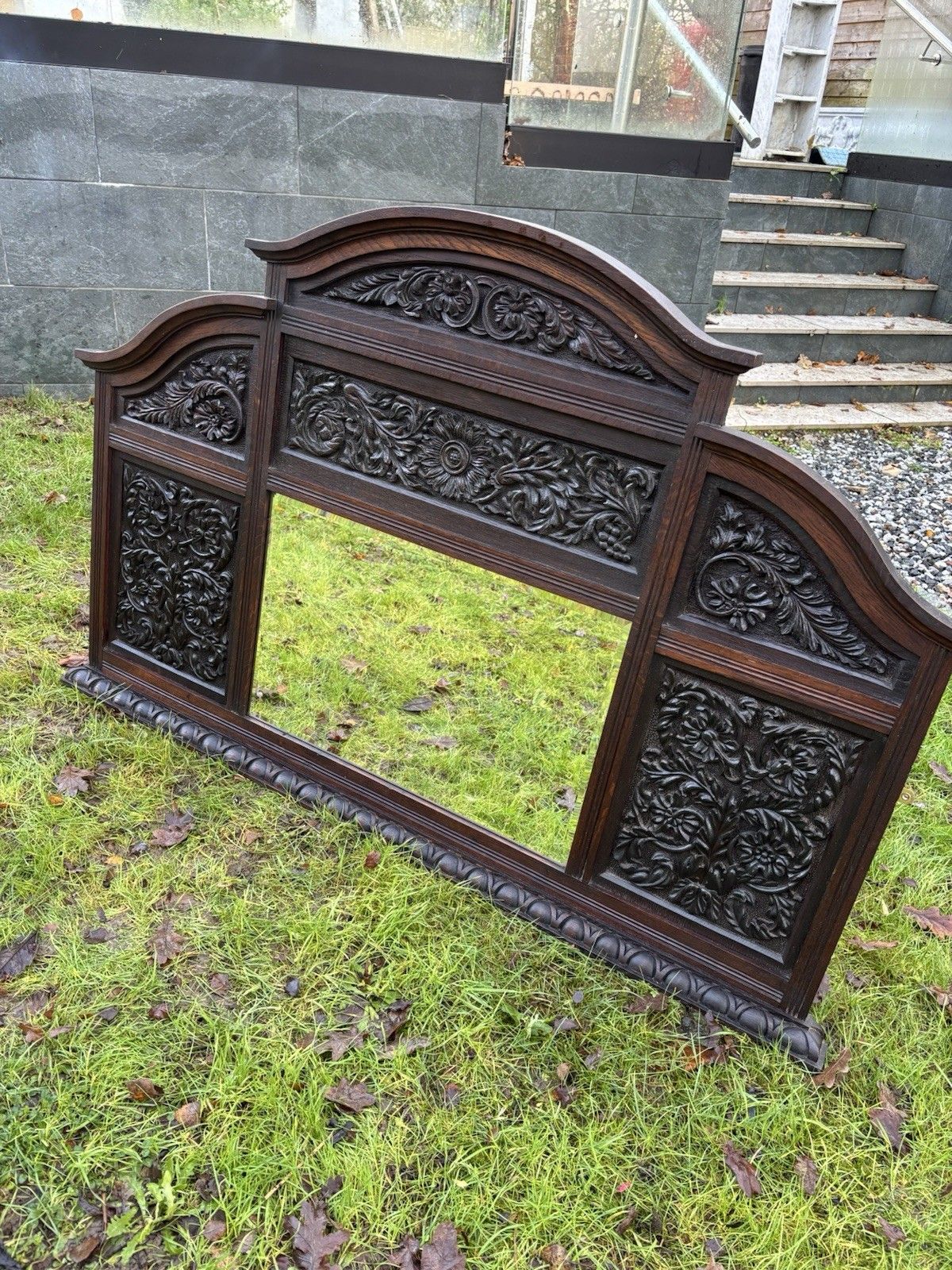 Antique Carved Oak Jacobean Revival Mirror Period Mantle Sideboard Old Bevelled photo vintage