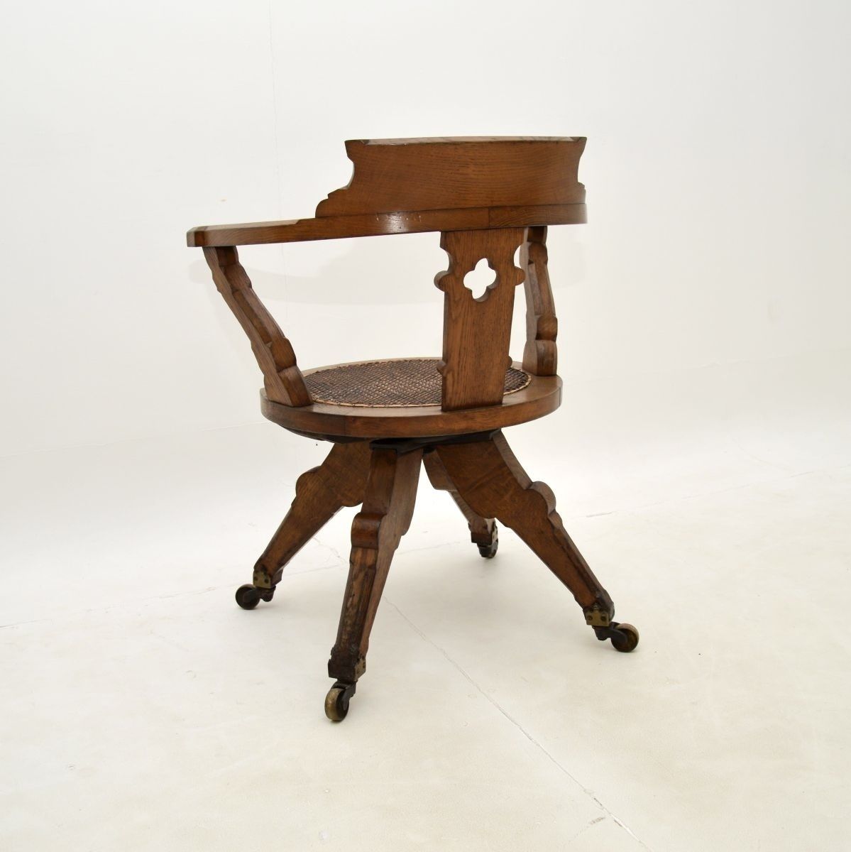 Antique Victorian Gothic Revival Solid Oak Swivel Desk Chair photo vintage