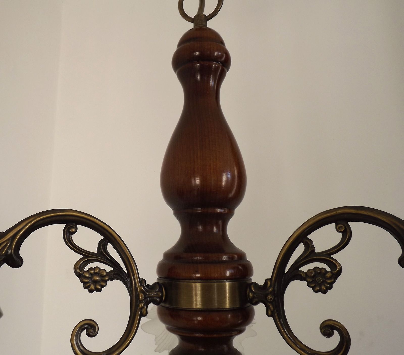 French 3 Light Wood & Bronzed Effect Metal Chandelier With Opaque Glass Shades photo buy