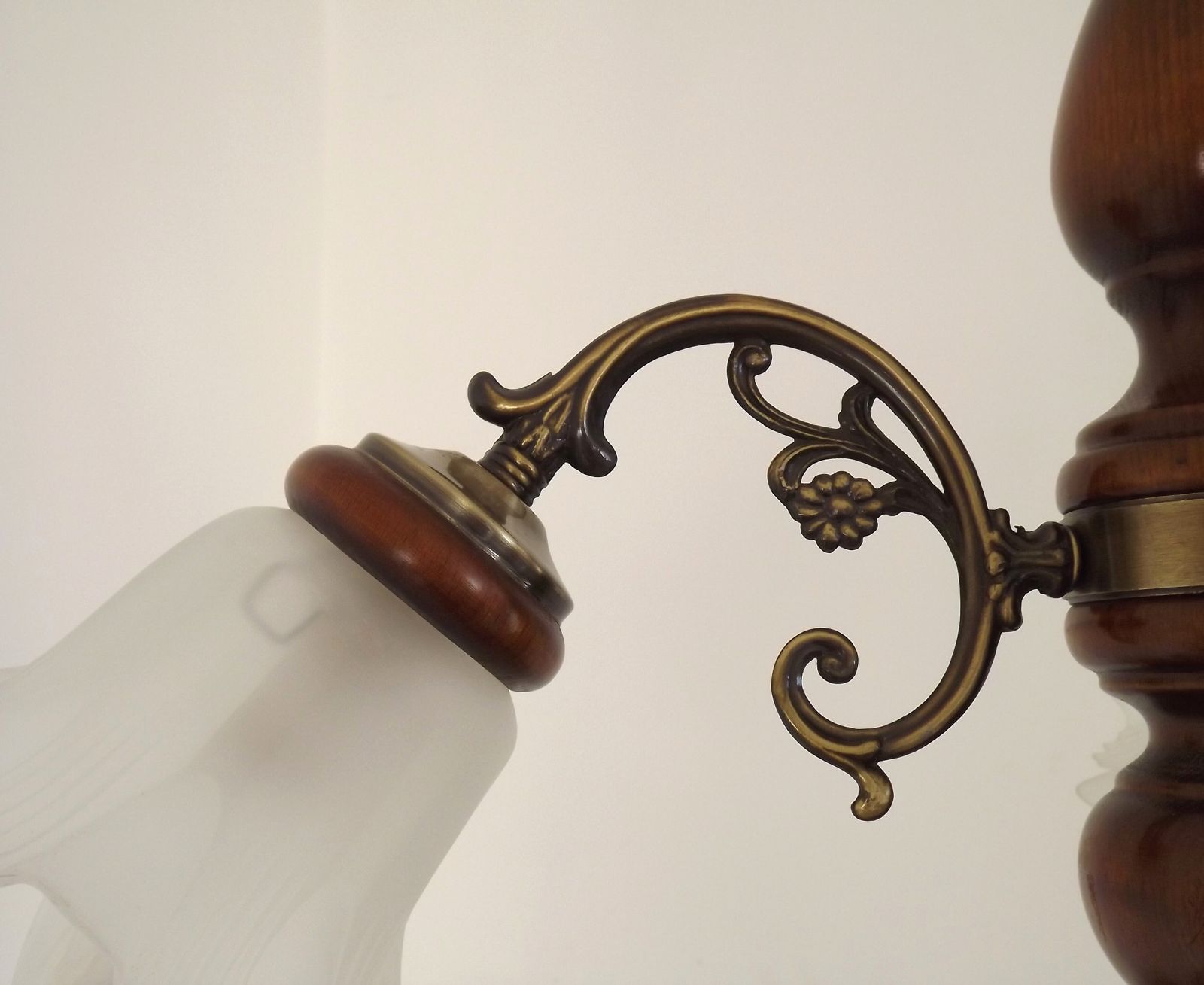 French 3 Light Wood & Bronzed Effect Metal Chandelier With Opaque Glass Shades photo vintage