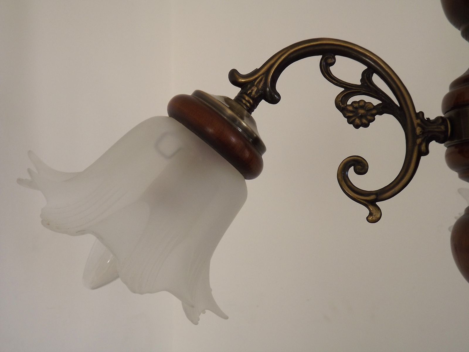 photo for sale French 3 Light Wood & Bronzed Effect Metal Chandelier With Opaque Glass Shades