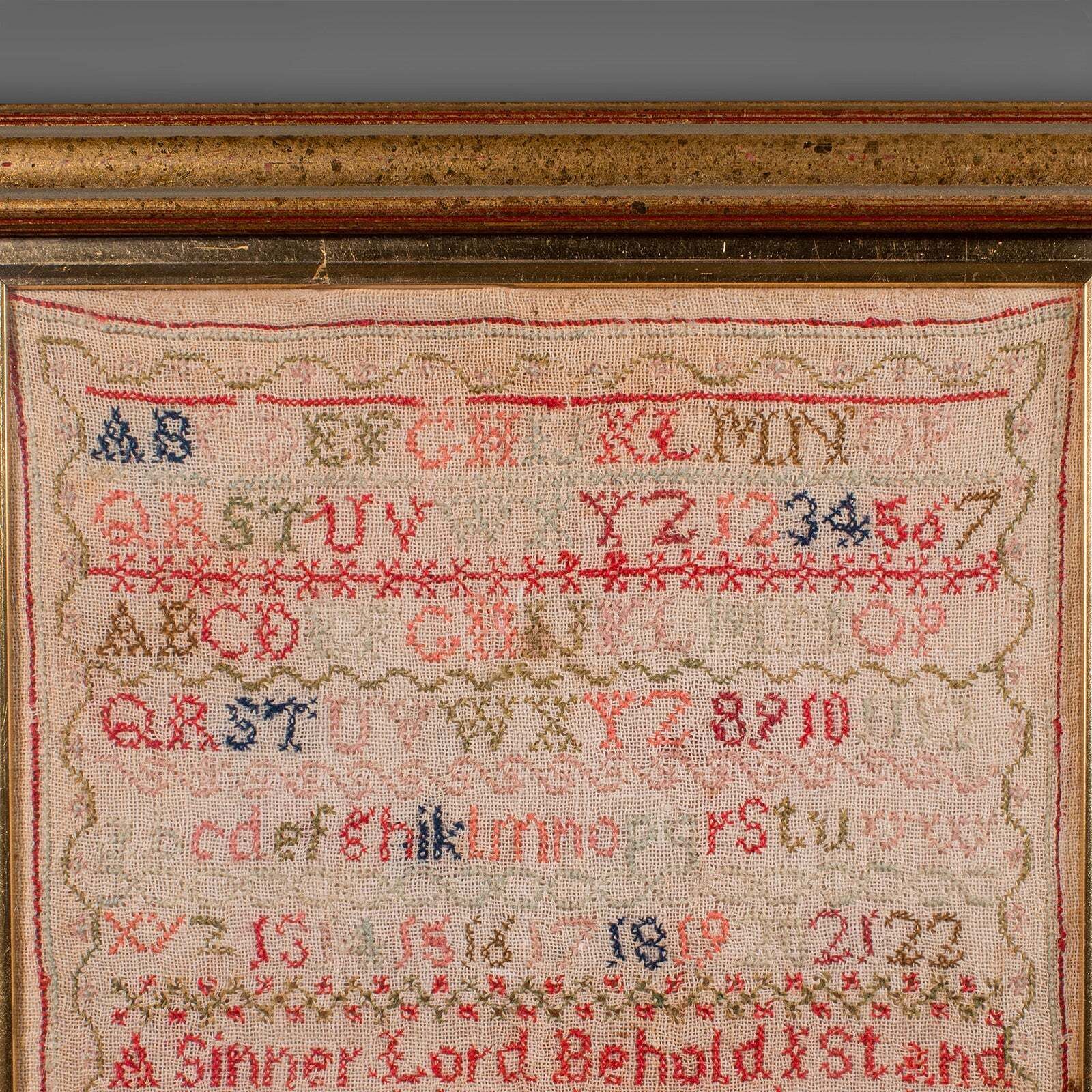 Antique Needlework Sampler, English, Framed, Embroidery Panel, Victorian, C.1854 photo Art