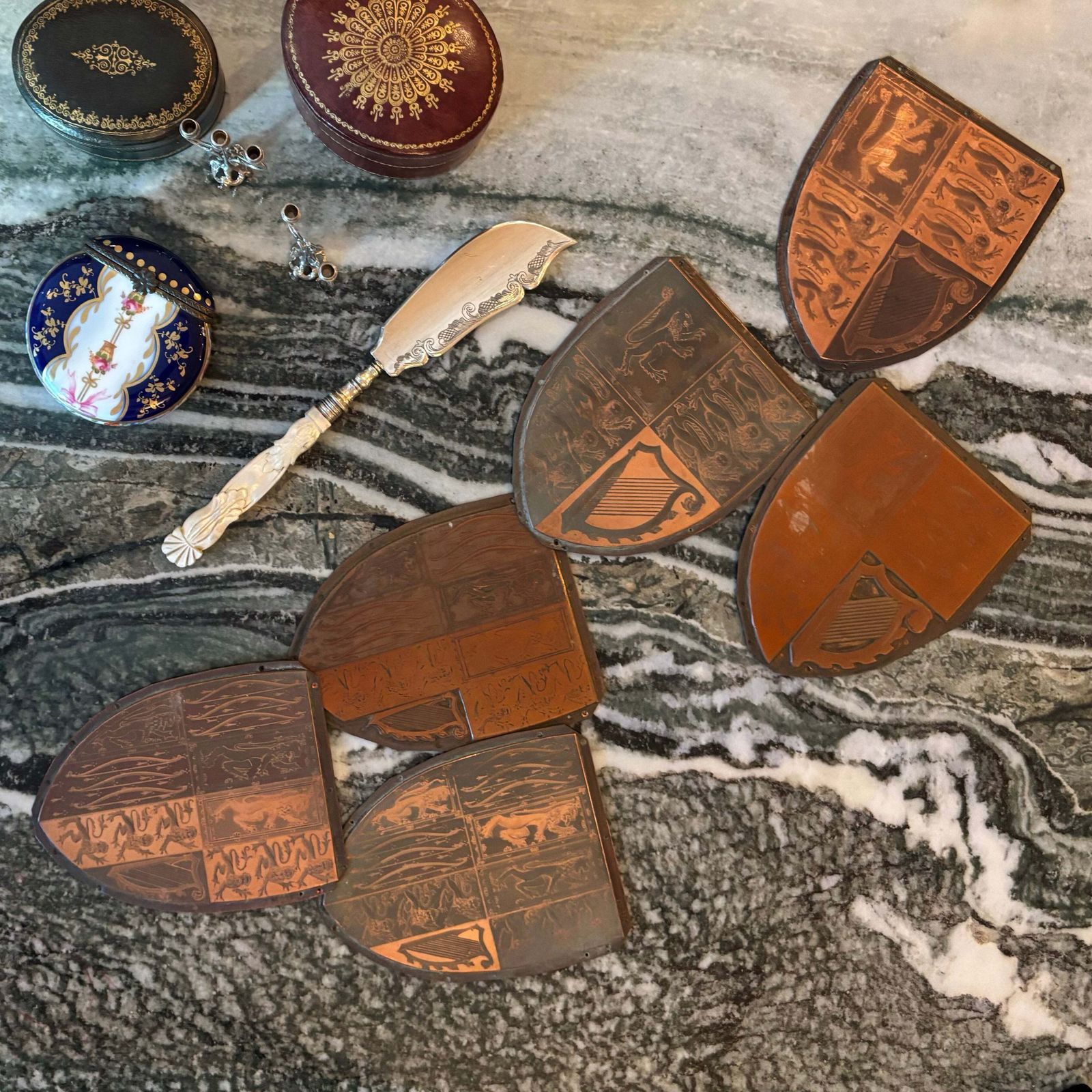 photo vintage Antique Etched Copper Royal Shield Printing Plates