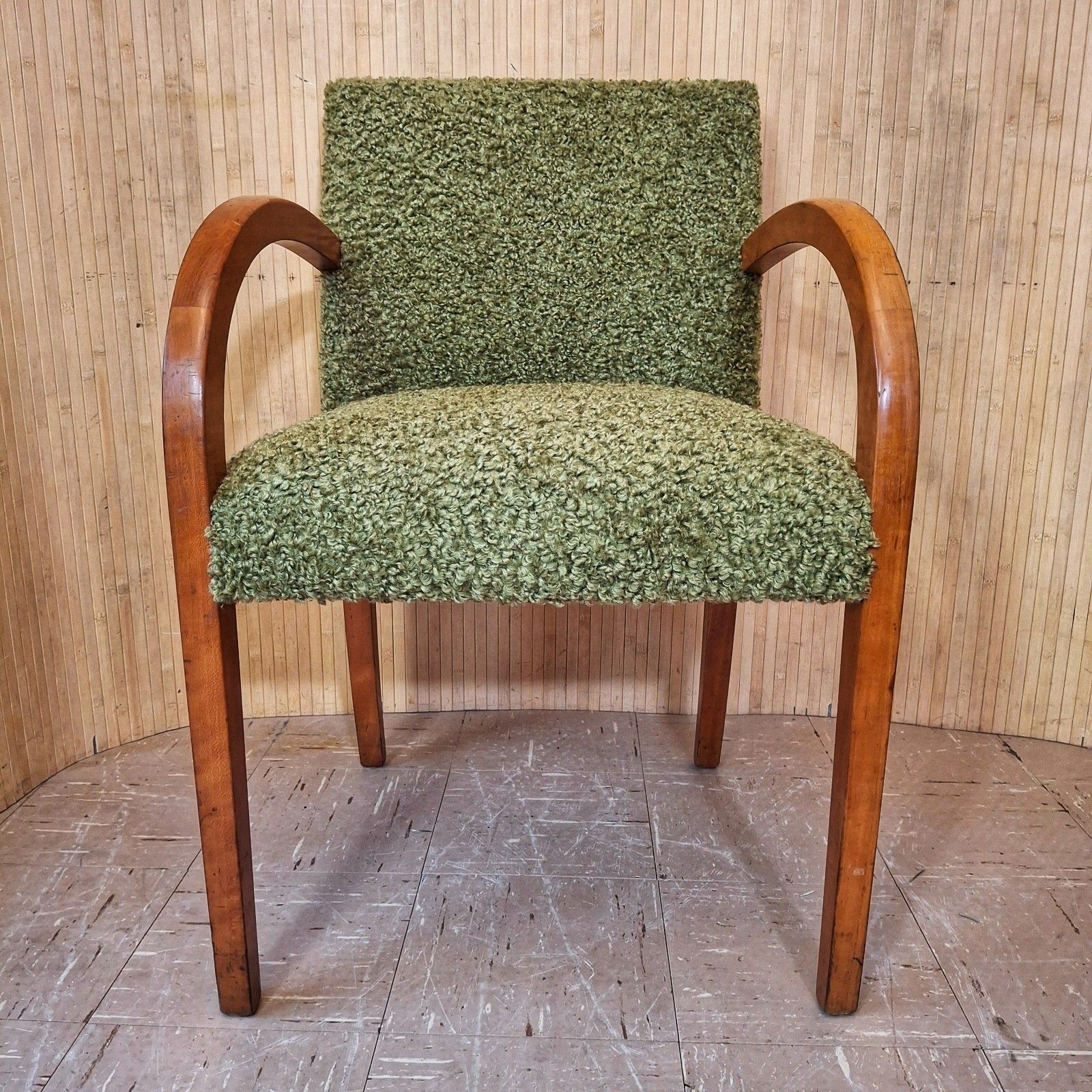 Fab Vintage Art Deco Style Beech Bentwood Bridge Chair Soft Khaki Green Boucle