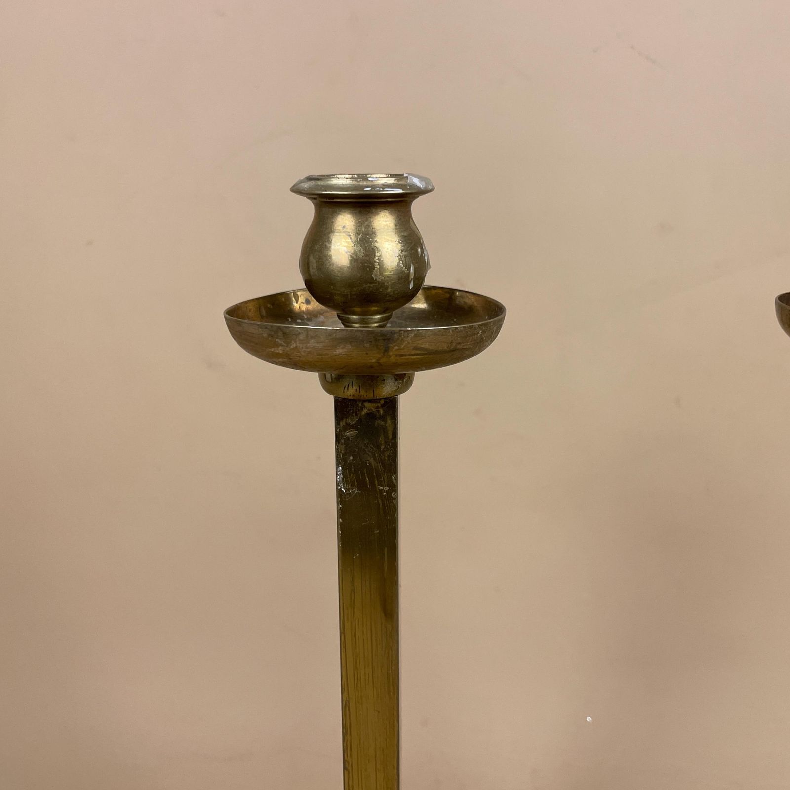 Large Antique Matching Pair Of Gold Brass Metal Candlestick Candle Stick Vintage Column Taper Dinner Candlesticks Square Base Set photo 89.0