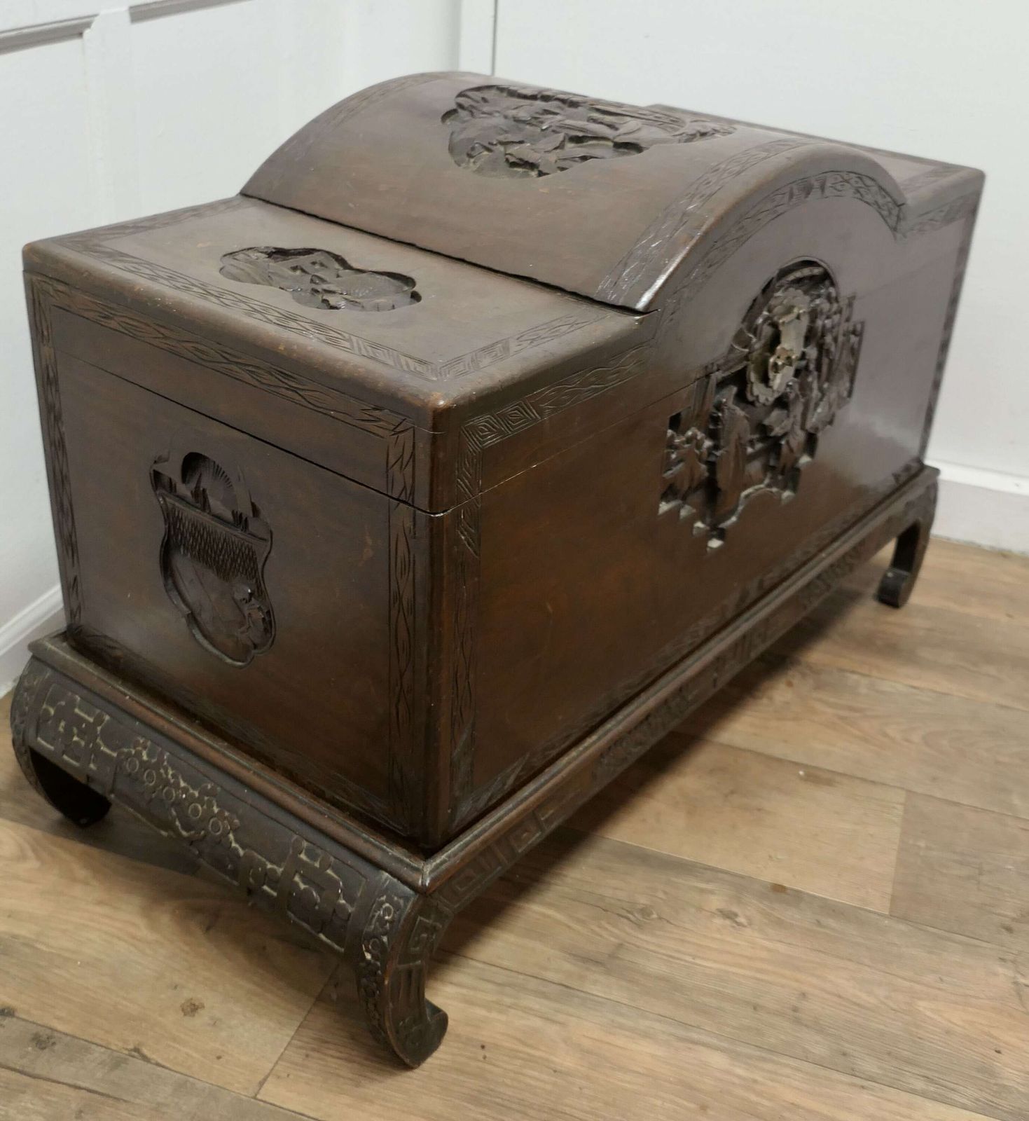 Art Deco Oriental Carved Camphor Wood Chest On Stand photo 840.0