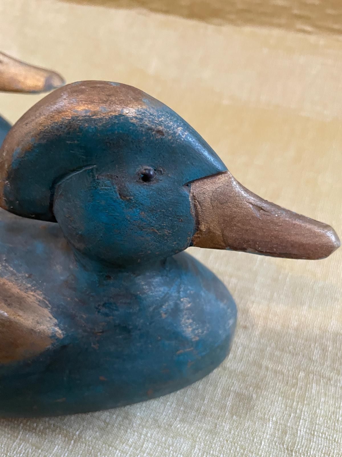 photo for sale Two Belgian Wooden Decoy Ducks. Early Painted Folk Art Rustic Wood Birds.