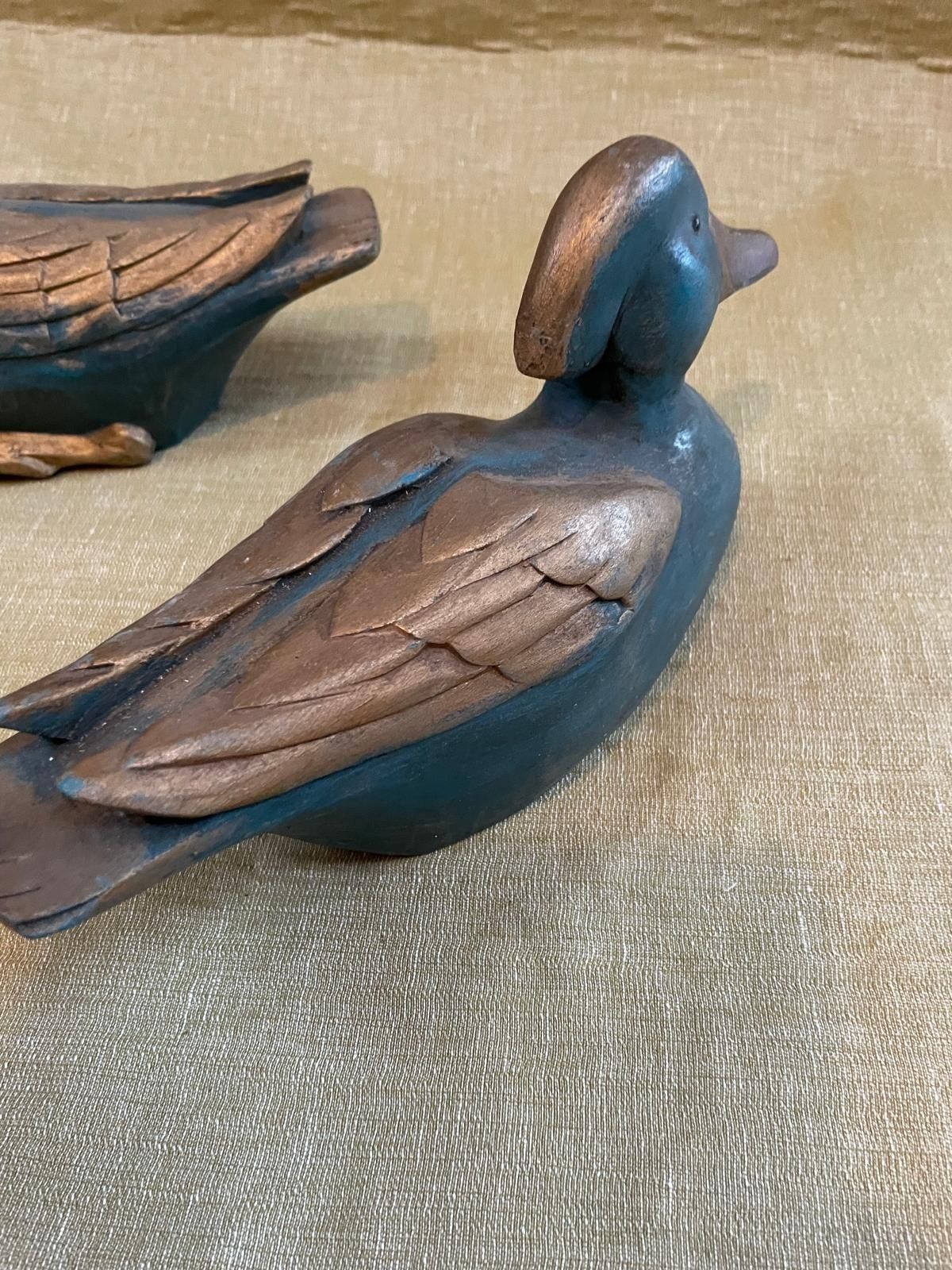 100.0 Two Belgian Wooden Decoy Ducks. Early Painted Folk Art Rustic Wood Birds. photo