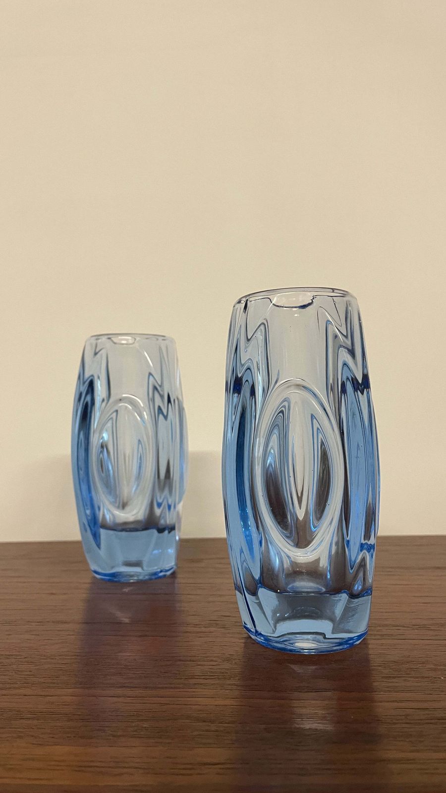 Pair Of Mid Century Blue Art Glass Vases By Rudolf Schrötter For Rosice | Czech Glass 1960s photo for sale