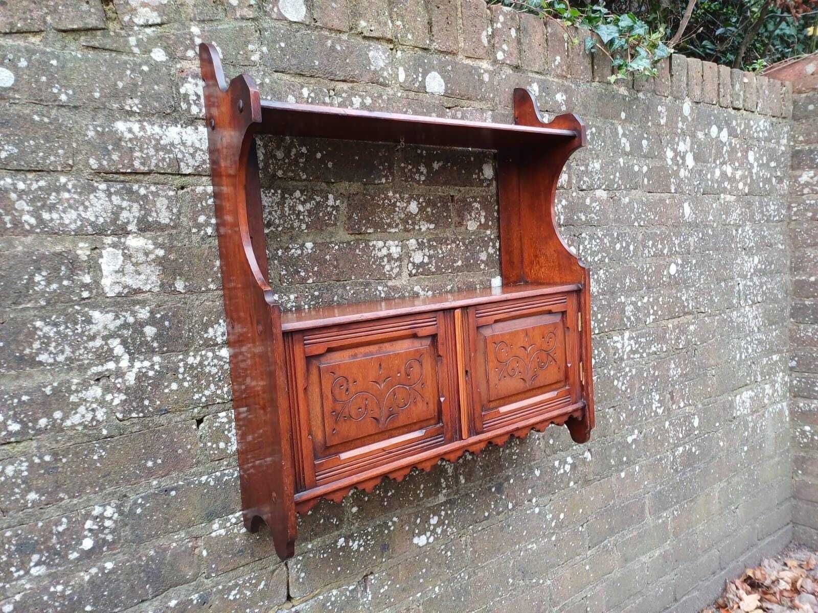 photo furniture Victorian Mahogany Wall Cabinet With Shelves, Carved Doors, Antique English Furniture